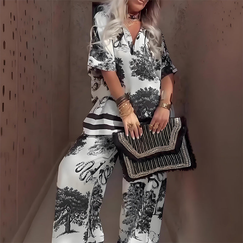 Linette™ Printed V-Neck Top & Long Pants | Two-Piece Relaxed Set